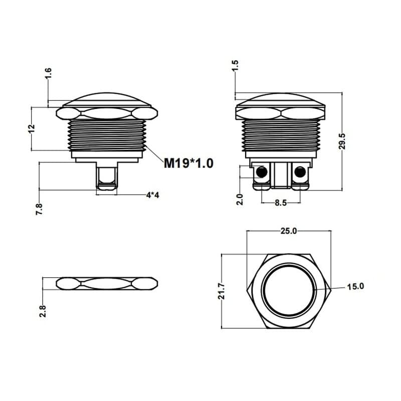 Tlačítkový spínač M19 250V/5A kovový - náhled 2