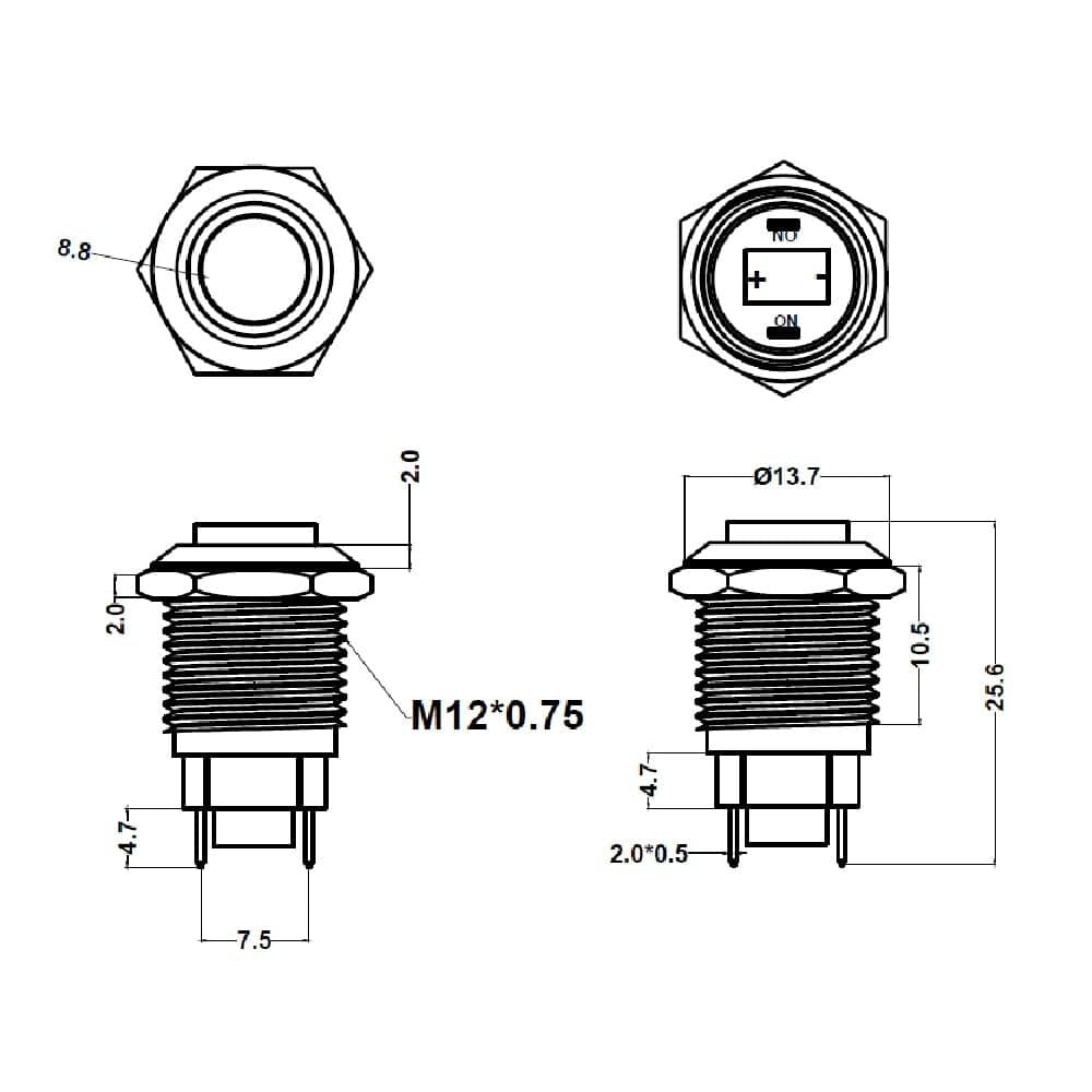 Tlačítkový vypínač M12 250V/5A kovový - náhled 4