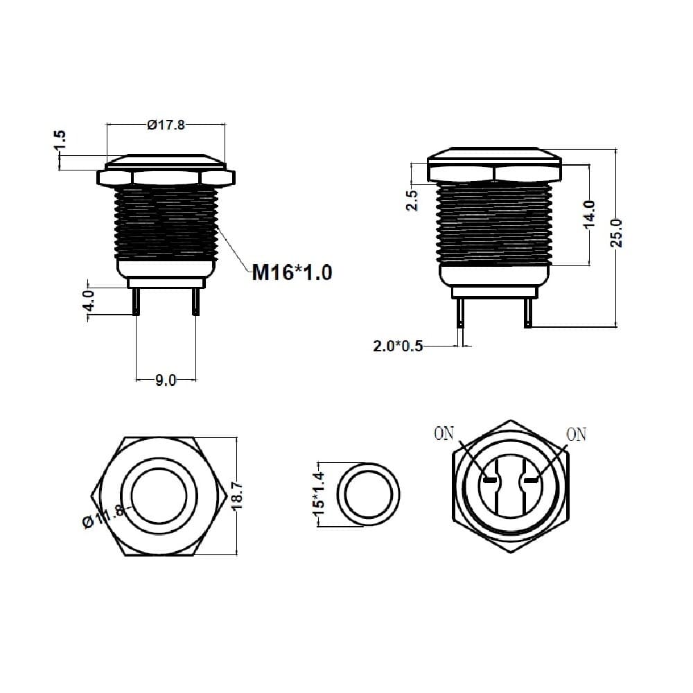 Tlačítkový vypínač M16 250V/5A kovový - náhled 3