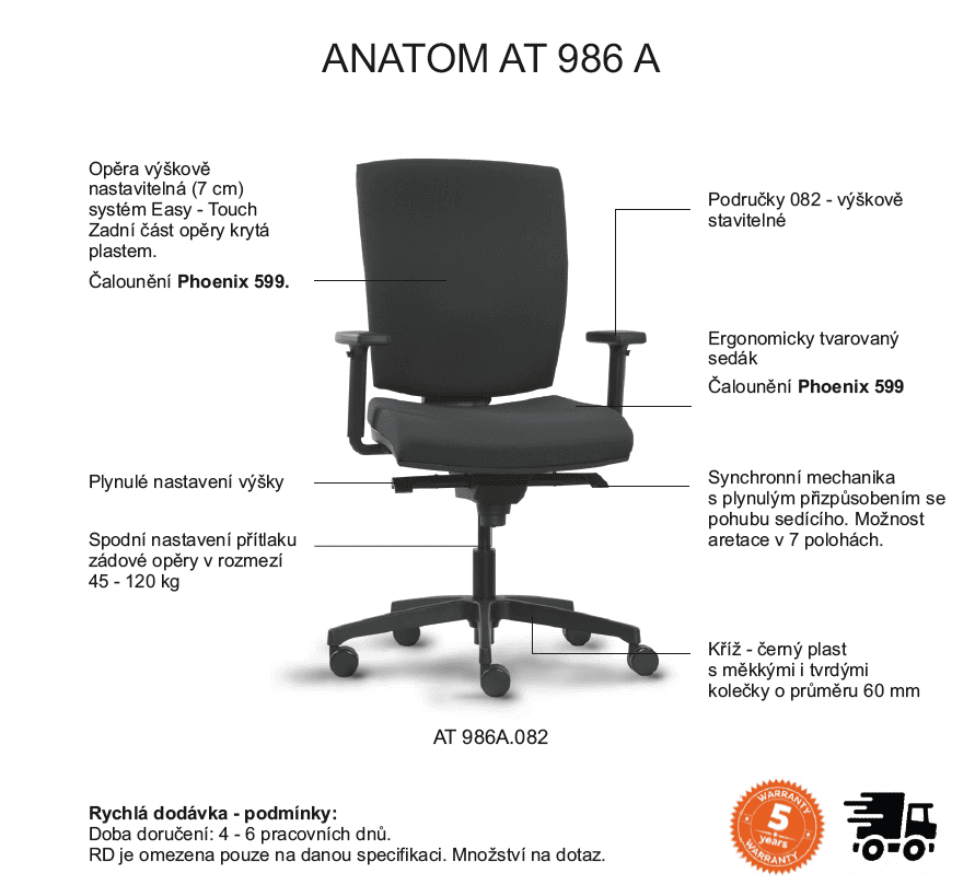 Ergonomická kancelářská židle RIM ANATOM AT 986 B – látka, černá - náhled 2