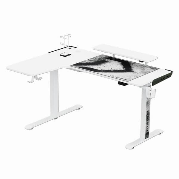 Herní stůl ULTRADESK WINGER – 111x155x60 cm, elektricky nastavitelná výška, RGB podsvícení, bílá - náhled 3