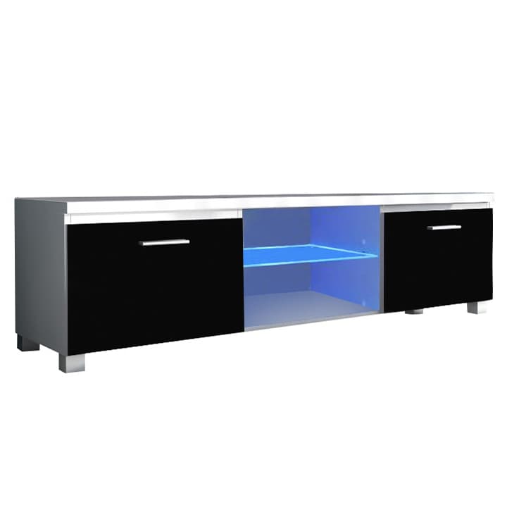 TV stolek s LED osvětlením LUGO 2 — 150x40x37, bílá/černá extra vysoký lesk HG Kondela