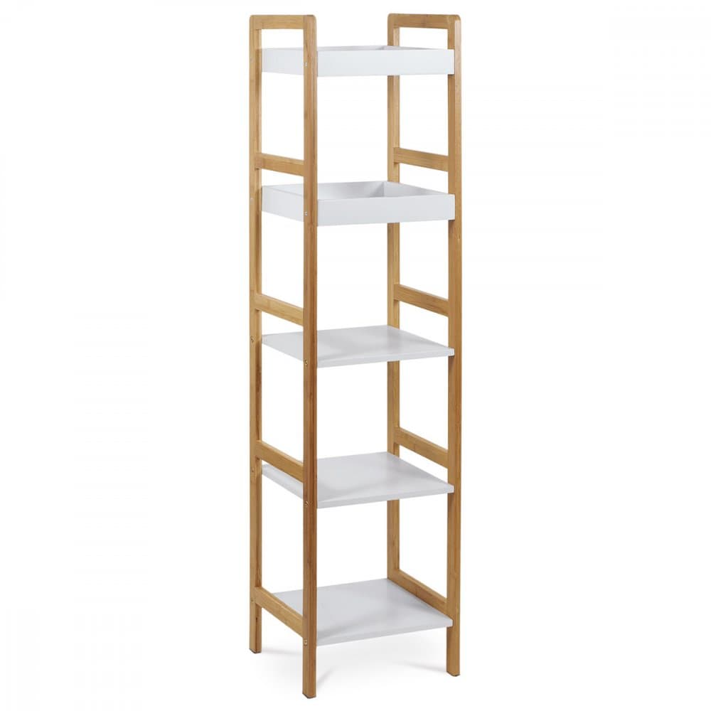 Regál, 5 polic, masiv bambus, přírodní odstín, MDF, bílý matný lak, nosn. 15 kg Autronic