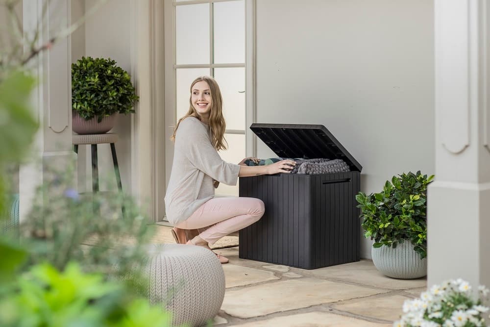 Zahradní úložný box CITY — 113L, plast, grafit, nosnost 120 kg - náhled 2