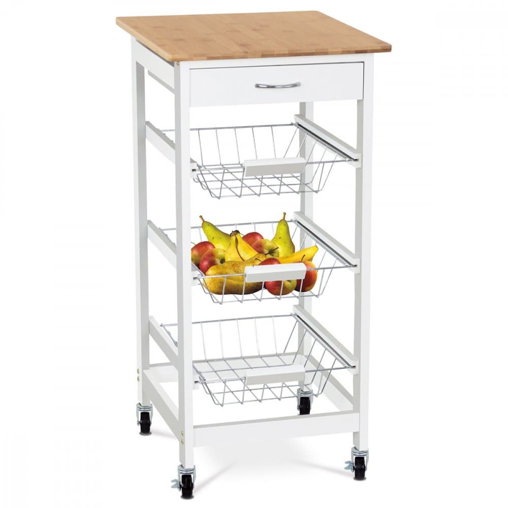 Servírovací stolek / regál, deska masiv bambus, MDF, bílý matný lak, pojezd Autronic - náhled 2