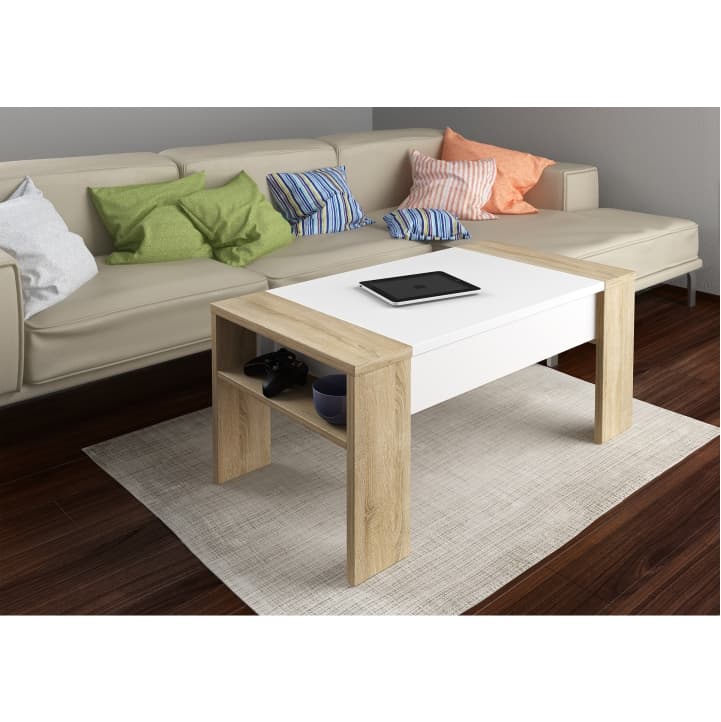 Konferenční stůl PULA se zvedací deskou — 98x50x43-54 cm, dub sonoma/bílá Kondela - náhled 3