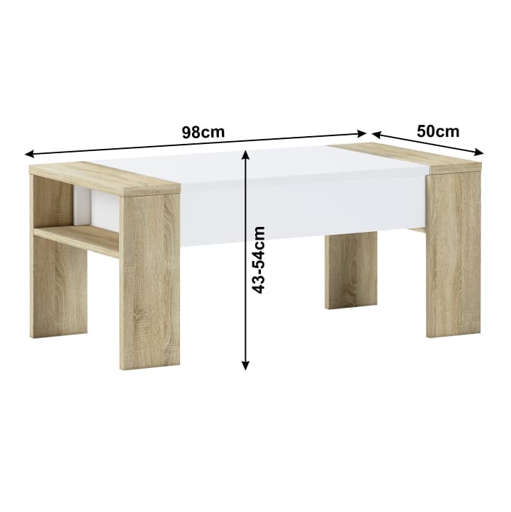 Konferenční stůl PULA se zvedací deskou — 98x50x43-54 cm, dub sonoma/bílá Kondela - náhled 4