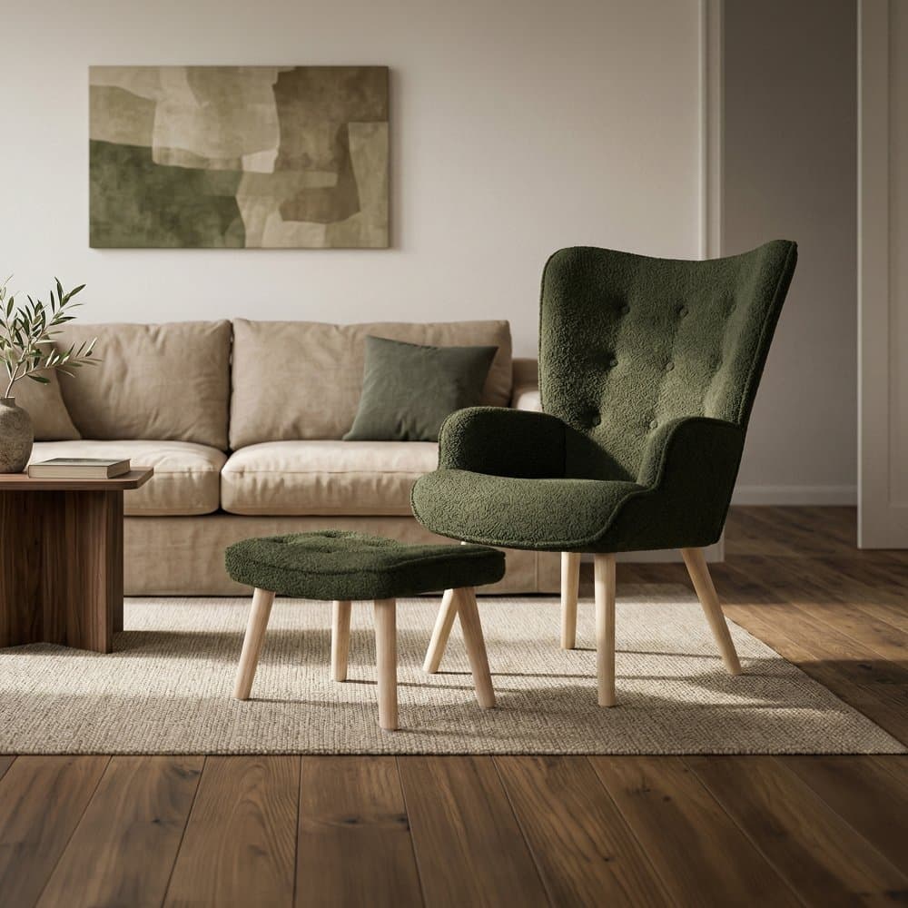 Relaxační křeslo ušák PARIS II + taburet – masiv, látka, zelená Autronic - náhled 2