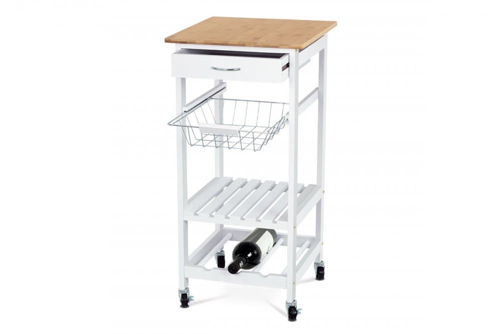 Servírovací stolek / regál, deska masiv bambus, MDF, bílý matný lak, pojezd Autronic - náhled 2