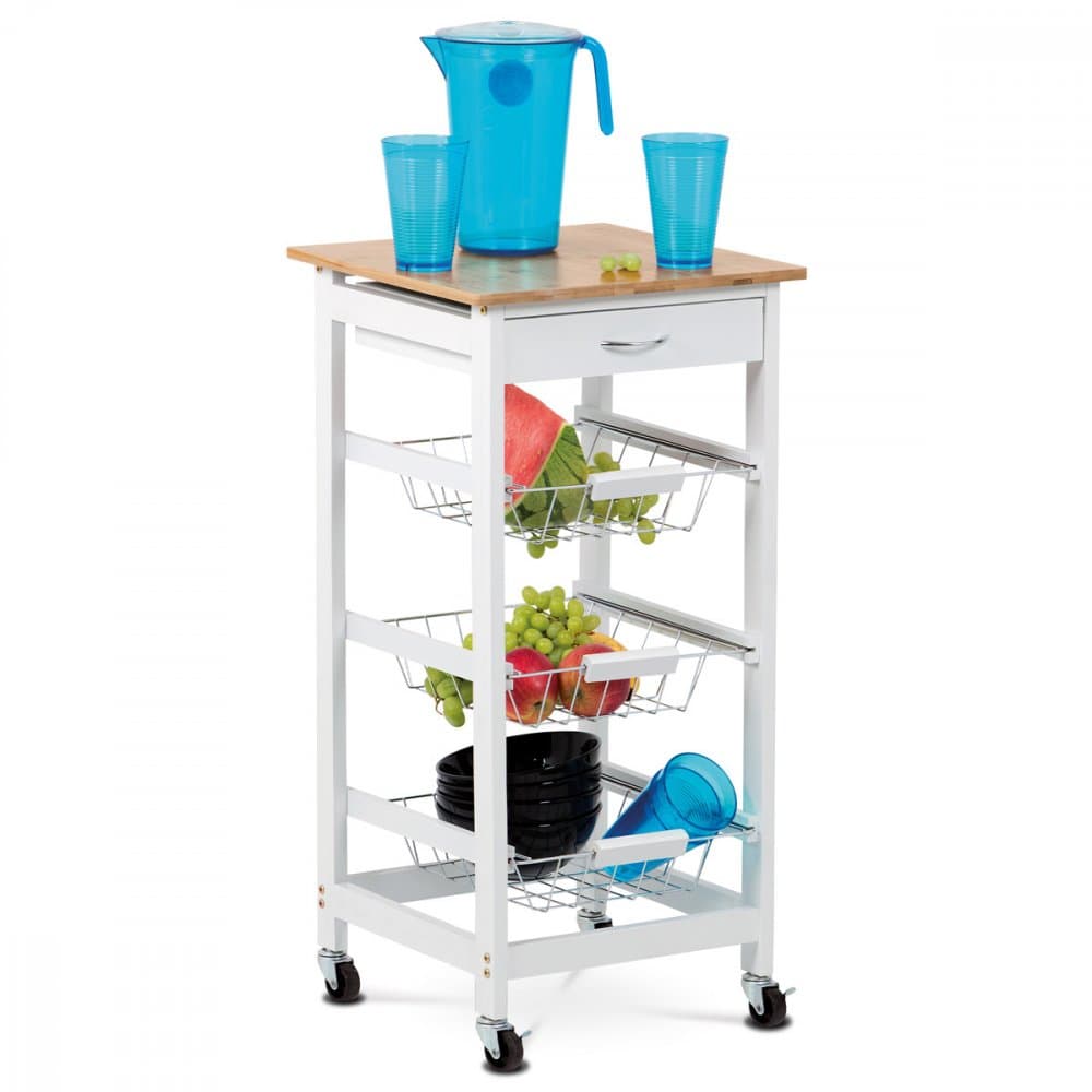 Servírovací stolek / regál, deska masiv bambus, MDF, bílý matný lak, pojezd Autronic