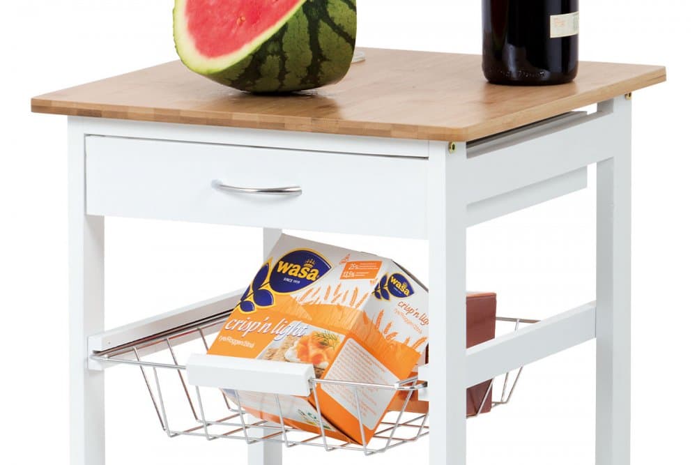 Servírovací stolek / regál, deska masiv bambus, MDF, bílý matný lak, pojezd Autronic - náhled 3