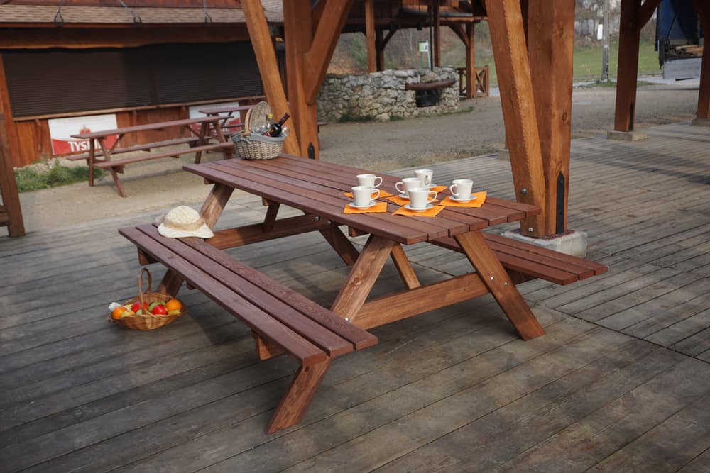 PIKNIK zahradní set dřevěný SE SKLOPNÝMI LAVIČKAMI - 180 cm - mořený - náhled 3