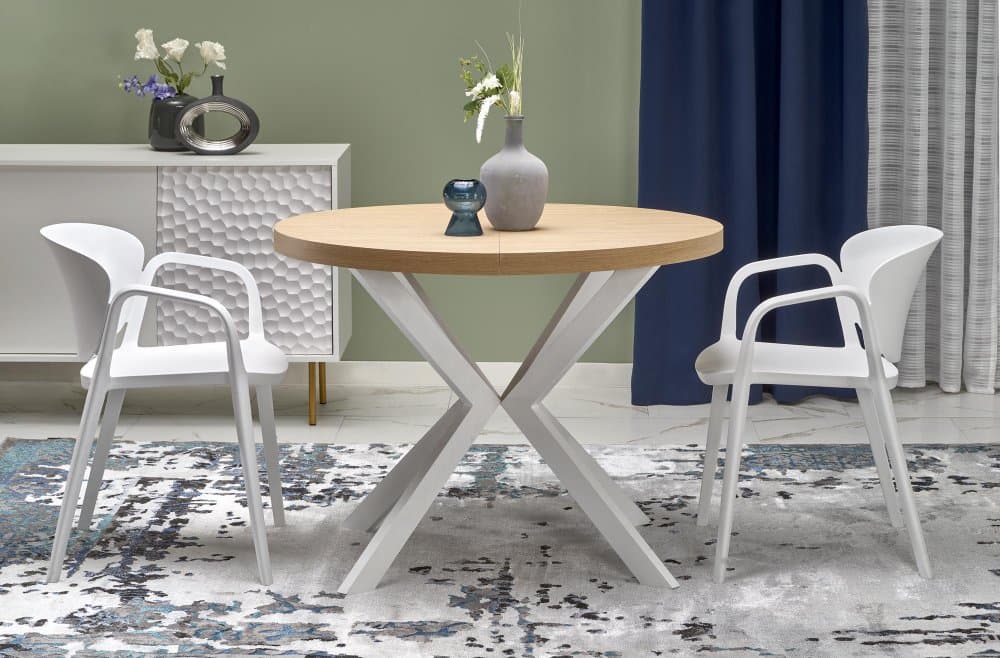Jídelní kulatý rozkládací stůl PERONI – 100x100x75 (+150) dřevo, zlatý dub, bílá Halmar