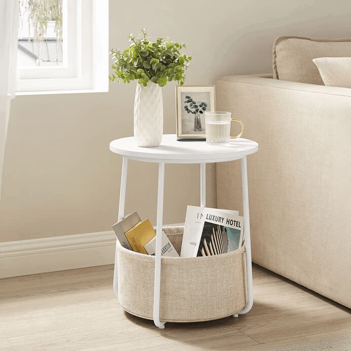 Stylový odkládací stolek ELIO – 45x45x50cm s textilním košem v bílé barvě Autronic - náhled 3
