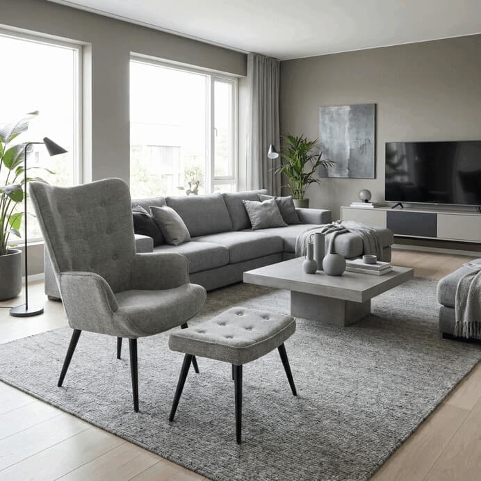 Luxusní relaxační křeslo NUVOLA s taburetem – vodoodpudivá, sametová, šedá látka