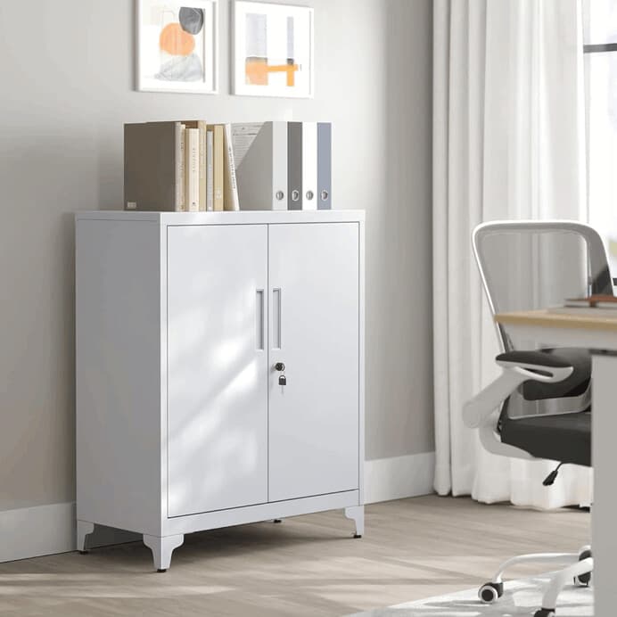 Elegantní bílá kovová komoda ALBUS – 80x40x90 cm s policemi Autronic